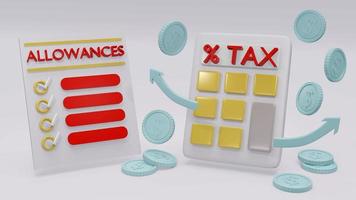 3D-Rendering-Konzept der Steuer. ein Taschenrechner, Münzen, Pfeile und eine Liste mit Abzügen im Hintergrund. 3D-Rendering. foto