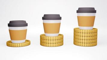 3D-Rendering-Konzept der Inflation. Tasse Kaffee auf gestapelten Goldmünzen in aufsteigender Reihenfolge. 3D-Rendering foto