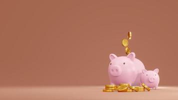 3D-Rendering-Konzept der Investition. Große und kleine Sparschweine mit Münzen mit einer Leerstelle auf der linken Seite im Hintergrund für kommerzielles Design. 3D-Rendering.