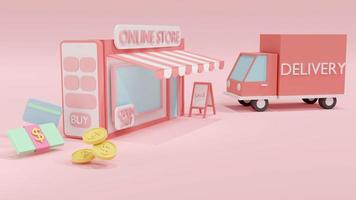 3D-Rendering-Konzept des Online-Shoppings. ein telefon mit online-shop und geldschein, bargeld, kreditkartenhintergrund. 3D-Rendering. 3D-Darstellung. foto