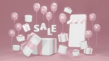 3D-Rendering-Konzept von E-Commerce, Online-Shopping. smartphone mit geschenkboxen, luftballons und textverkauf für kommerzielles design. rosa Thema. 3D-Rendering. foto