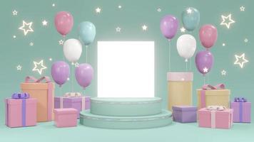 3D-Rendering-Konzept des Podiums mit Geschenkboxen, Luftballons, einem glänzenden Ring und einem leeren Papier auf blauem Hintergrund für kommerzielles Design. 3D-Rendering. foto