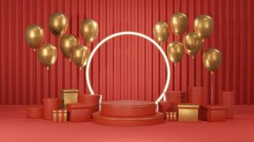 3D-Rendering-Konzept des Rotgold-Podiums. leuchtend rote podiumsproduktständeranzeige und hintergrund mit goldenen luftballons und vielen geschenken, die für kommerzielles design komponiert wurden. 3D-Rendering. 3D-Darstellung. foto