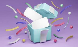 3D-Rendering-Konzept der offenen Geschenkbox, um geometrische Elemente und leere Papiere für kommerzielles Design zu zeigen. 3D-Rendering. 3D-Darstellung. foto