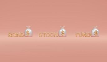 3D-Darstellung von Geldbeuteln mit Word-Bond-Aktienfonds auf Hintergrundkonzept der Diversifizierung des Geldportfolios, Investition, Investitionsentscheidung. 3D-Rendering. 3D-Darstellung. foto