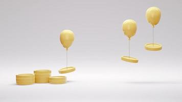3D-Rendering-Konzept des Geldinflationskonzepts, Geldausgaben. Münzen werden von Luftballons aufgezogen, die auf dem Hintergrund isoliert sind. 3D-Rendering. 3D-Darstellung. foto