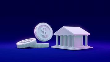 3D-Rendering-Konzept von Geld- und Bankdollarmünzen mit einem Gebäude, das sich auf eine Bank im Hintergrund bezieht. 3D-Rendering. 3D-Darstellung. foto