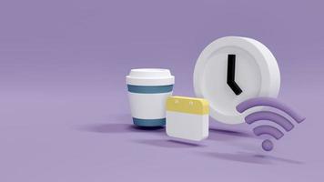 3D-Rendering-Konzept des Zeit- und Geldmanagements. eine Uhr, ein WLAN-Internetsymbol, ein Kalender und ein Symbol für eine Tasse Kaffee im Hintergrund. 3D-Rendering. foto