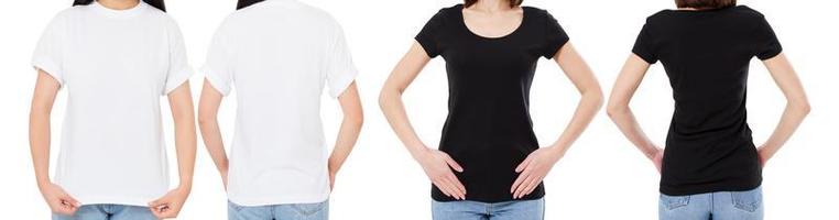 Frau im weißen und schwarzen T-Shirt isoliert Vorder- und Rückansicht beschnittenes Bild leere T-Shirt-Optionen, Mädchen im T-Shirt-Set. Attrappe, Lehrmodell, Simulation. Shirt-Design und People-Konzept. foto