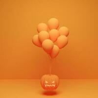 Halloween-Konzept. Kürbis mit Ballon auf orangem Hintergrund. 3D-Rendering, 3D-Darstellung. foto