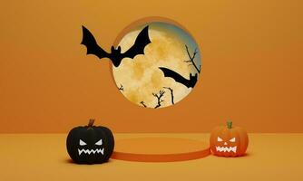 3D-Rendering. Kürbis mit fliegender Fledermaus und Podium minimale Szene für Halloween-Hintergrund. Sockel mit abstrakter geometrischer Form für die Produktpräsentation