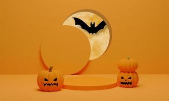 3D-Rendering. Kürbis mit fliegender Fledermaus und Podium minimale Szene für Halloween-Hintergrund. Sockel mit abstrakter geometrischer Form für die Produktpräsentation foto