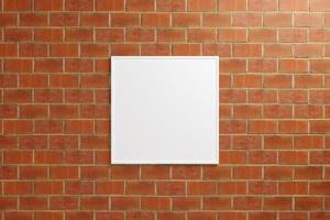 minimalistisches hängendes quadratisches weißes plakat oder fotorahmenmodell in der ziegelwand. 3D-Rendering. foto