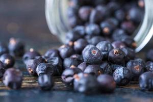 Wacholderbeeren, die aus einem Gewürzglas verschüttet wurden foto