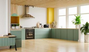modernes kücheninterieur mit möbeln. stilvolles kücheninterieur mit weißer wand. foto