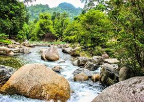 großer steinfelsen wasserfall schönheit natur in südthailand foto