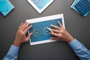 Mannhand mit Stift analysiert Balkendiagramm auf Papier foto