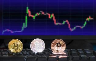 3 verschiedenfarbige digitale Bitcoin-Währung auf der Computertastatur mit verschwommenem Hintergrund des Investierens von Chart-Börsenhandel im Monitor, zukünftiges Finanzwährungskonzept foto