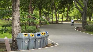 Selektiver Fokus auf eine Reihe von Recycling-Mülltonnen unter dem Baum entlang der Kurvenstraße im öffentlichen Parkbereich foto