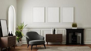 fotorahmenmodell im weißen luxuswohnzimmer mit kamin und sofa. 3D-Rendering