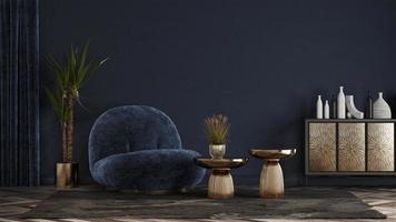 blauer innenraum mit sofa und goldenem tisch 3d-rendering foto