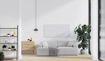 Sauberes, minimalistisches Wohnzimmer für Leinwandmodell mit grauem Sofa und Holztisch. 3D-Rendering foto