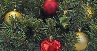 hängende dekoration von weihnachten und neujahr. mehrfarbige weihnachtskugeln und sternspielzeug auf baumasthintergrund. foto