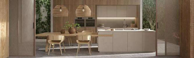 Moderne Küche und Esszimmer im skandinavischen Design im Boho-Stil. Banner-Web. 3D-Darstellung mit Holzmöbeln, grünen Wandpflanzen. foto