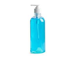 Blaue Alkohol-Desinfektionsgelflasche isoliert auf weißem Hintergrund zum Waschen zum Schutz vor Sicherheitsinfektionen und zum Abtöten von neuartigen Coronavirus-Covid-19-Viren, Bakterien und Keimen. foto