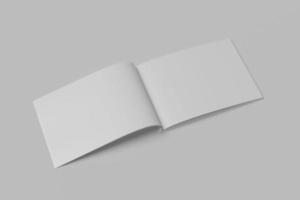 Softcover-Magazinlandschaft oder Broschürenmodell isoliert auf weichem grauem Hintergrund. 3D-Darstellung foto