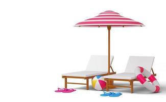 Strandkorb und Sonnenschirm mit Kamera, Sommerverkaufsvorlage, Sommersaison, 3D-Rendering foto