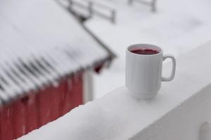 Preiselbeersaft in weißem Keramikglas auf der Terrasse foto