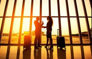 Silhouette von Geschäftsleuten, die am Flughafen die Hand schütteln foto