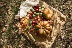 Herbstdeko im Park. Kürbisse und rote Äpfel, die in Holzkiste auf Herbsthintergrund liegen. Herbstzeit. Erntedank. foto
