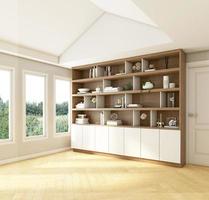 arbeitszimmer im nordischen stil mit leerem raum und bücherregal. 3D-Rendering foto