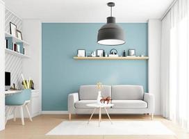 gemütliches minimalistisches Wohnzimmer mit Sofa und Schreibtisch. schwarze Hängelampe hellblaue Wand und Holzboden. 3D-Rendering foto