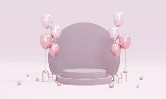 3D-Rendering-Konzept der Podiumsproduktanzeige mit lila Thema der Luftballons auf Hintergrund für kommerzielles Design. 3D-Rendering. foto