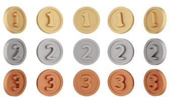 3D-Rendering-Satz von sich drehenden Gold-Silber-Bronze-Medaillen drehen sich in verschiedenen Winkeln, die auf weißem Hintergrund isoliert sind. 3D-Rendering. 3D-Darstellung. foto