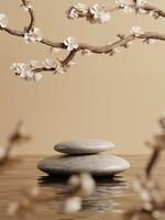 3D minimale Pebble-Display-Podien auf Wasser- und Kirschblütenblume oder Sakura. 3D-Rendering einer realistischen Präsentation für Produktwerbung. 3D-Minimaldarstellung. foto