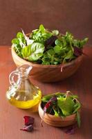 frische Salatblätter in der Schüssel: Spinat, Mangold, Ruccola foto