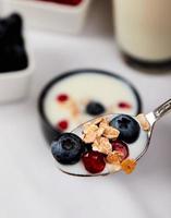 Joghurt mit Müsli, Blaubeeren und Granatapfel