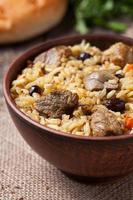 leckeres traditionelles Pilawgericht mit Reis, gebratenem Fleisch, Zwiebeln und