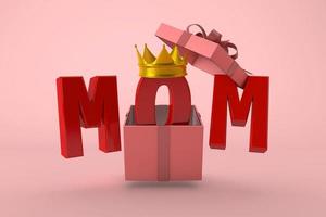schönen Muttertag. Überraschung für meine Mutter mit rosa Geschenk und goldener Krone. 3D-Rendering foto