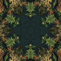 dunkelgrüner abstrakter rechteckiger Hintergrund. Fichten-Kaleidoskop-Muster. freier hintergrund. foto