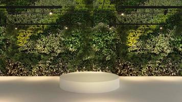 3D-Render weißes Podium und grüner Blatthintergrund für wunderschönes Natur-Premium-Produkt für Mode oder Gesundheitswesen foto