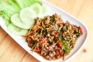 Froschfleisch gehackter Puff scharf und würzig mit Kräutergewürzen auf Tellergerichten - gebratener Frosch und rotes Chili-Curry foto