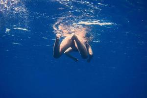 Frau, die im blauen Meer schwimmt foto