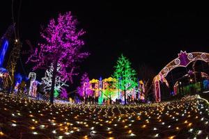 nagasaki, japan am 29. april 2019 huis ten bosch ist ein themenpark in nagasaki, japan, der nachts alte holländische gebäude und eine bunte lichtshow zeigt. foto