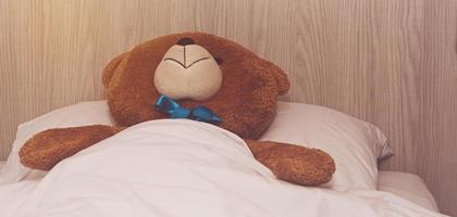 Teddybär liegt im Bett