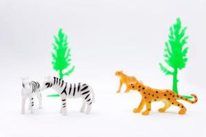 Leoparden- und Zebramodell isoliert auf weißem Hintergrund, Tierspielzeug aus Kunststoff foto
